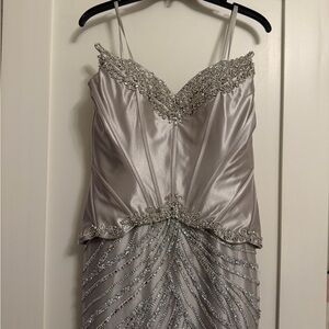 Silver Beaded Satin Evening Gown